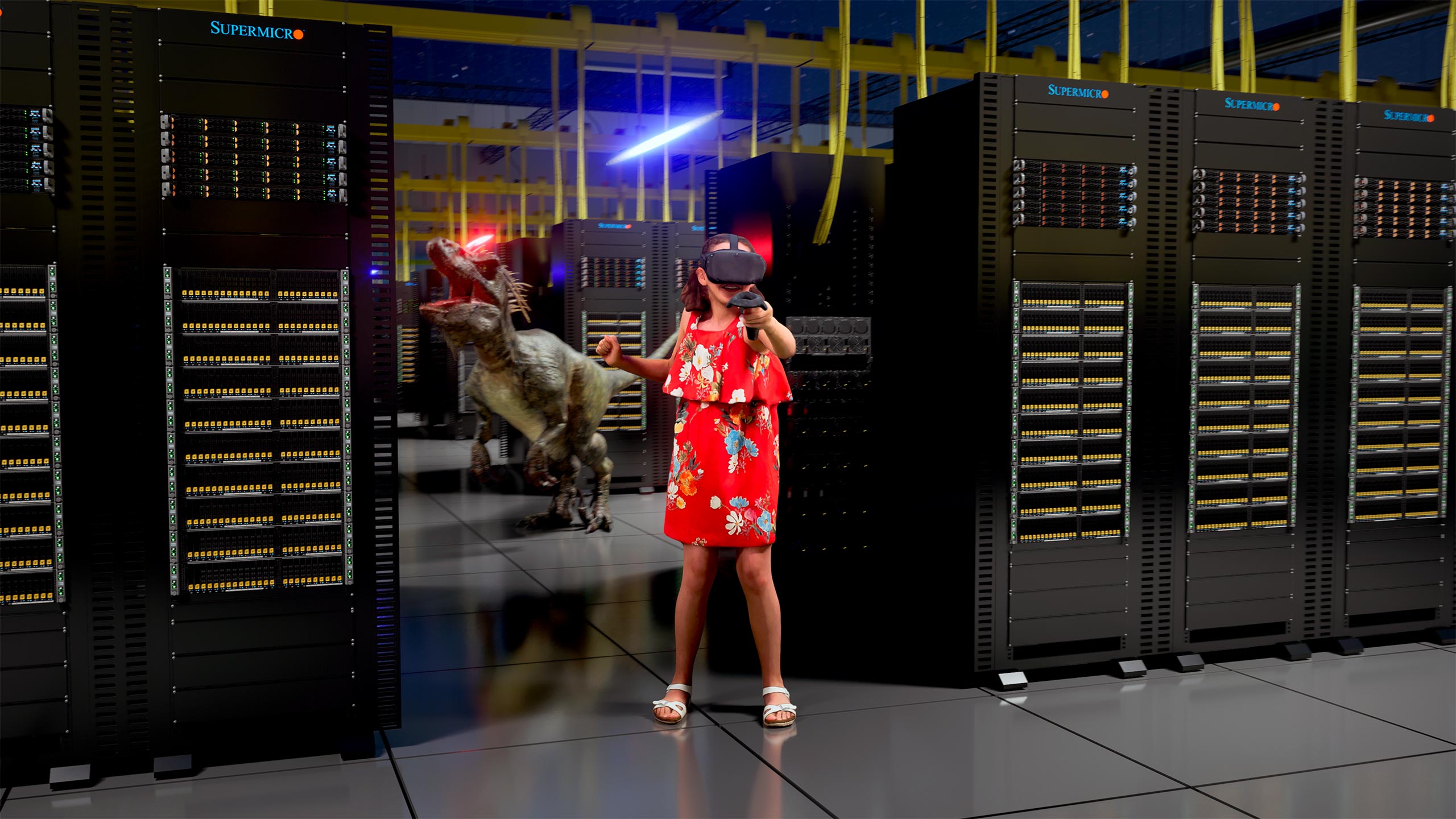 Conceptual 3d Datacenter Visualization with Dinosaur behind Girl Playing VR