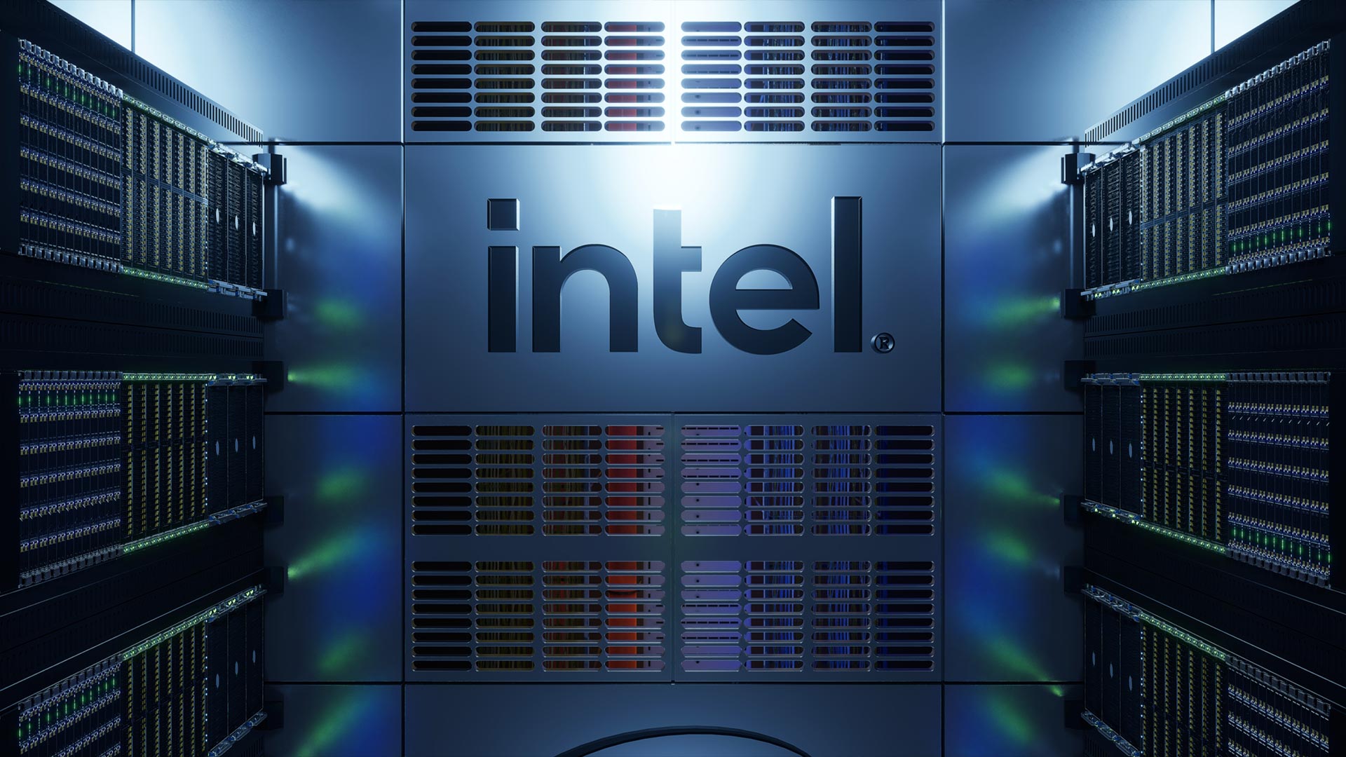 data center with Intel logo on floor