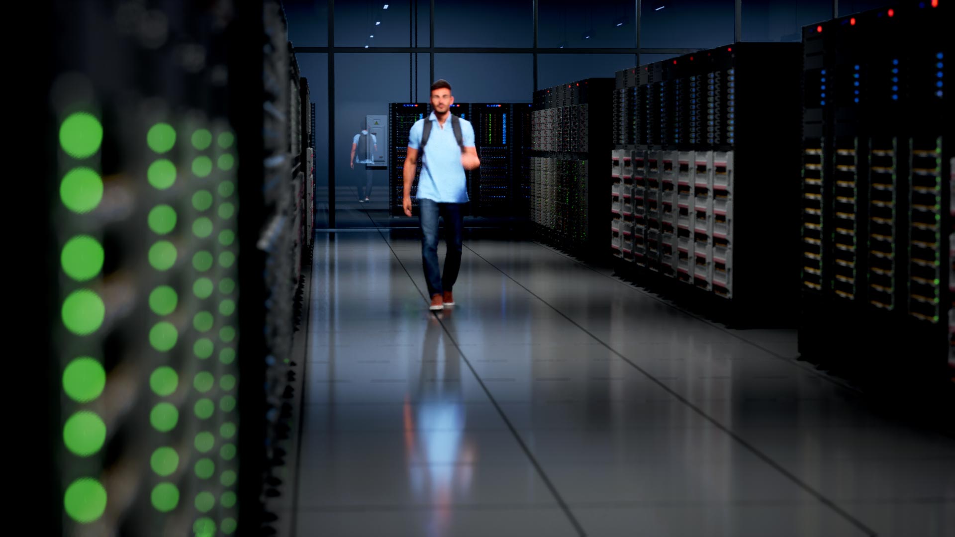 Man walking through a data center